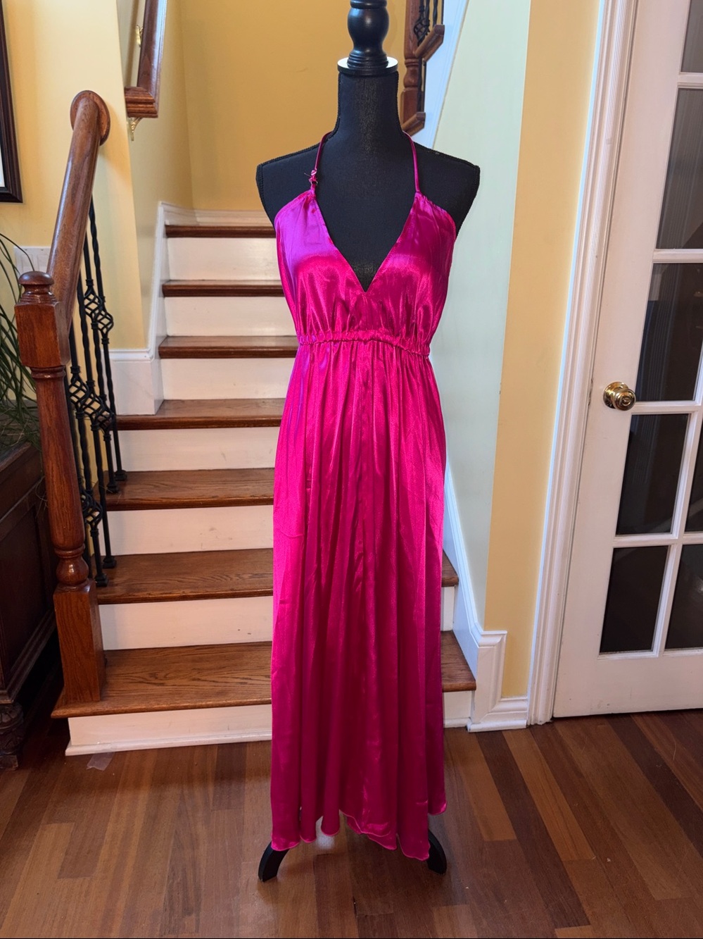 bebe Fuchsia Satin Halter Maxi Dress